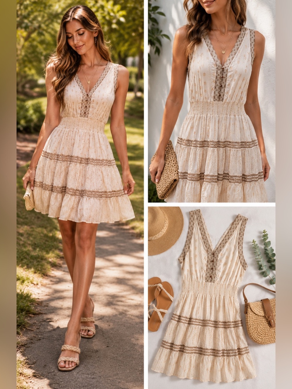 Sleeveless Cream V-Neck Smocked Waist Dress Size Medium